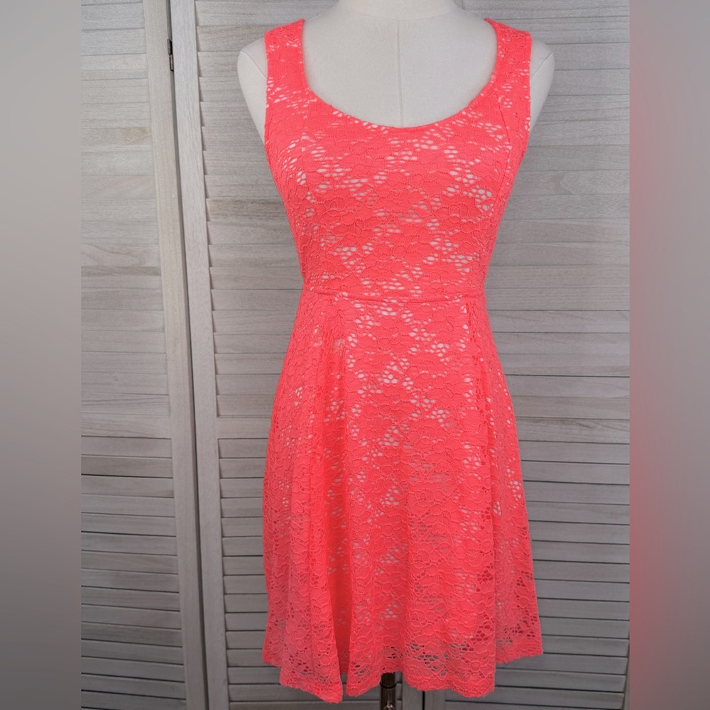 RUE 21 Fit & Flare Y2K Lace Mini Dress with Cutout Back Neon Coral-Small
